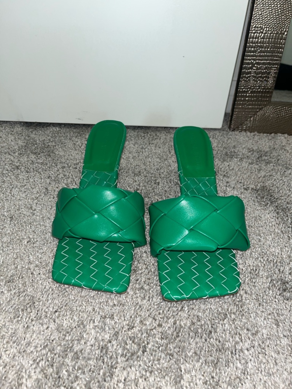 Green Woven Strap Slide Sandals